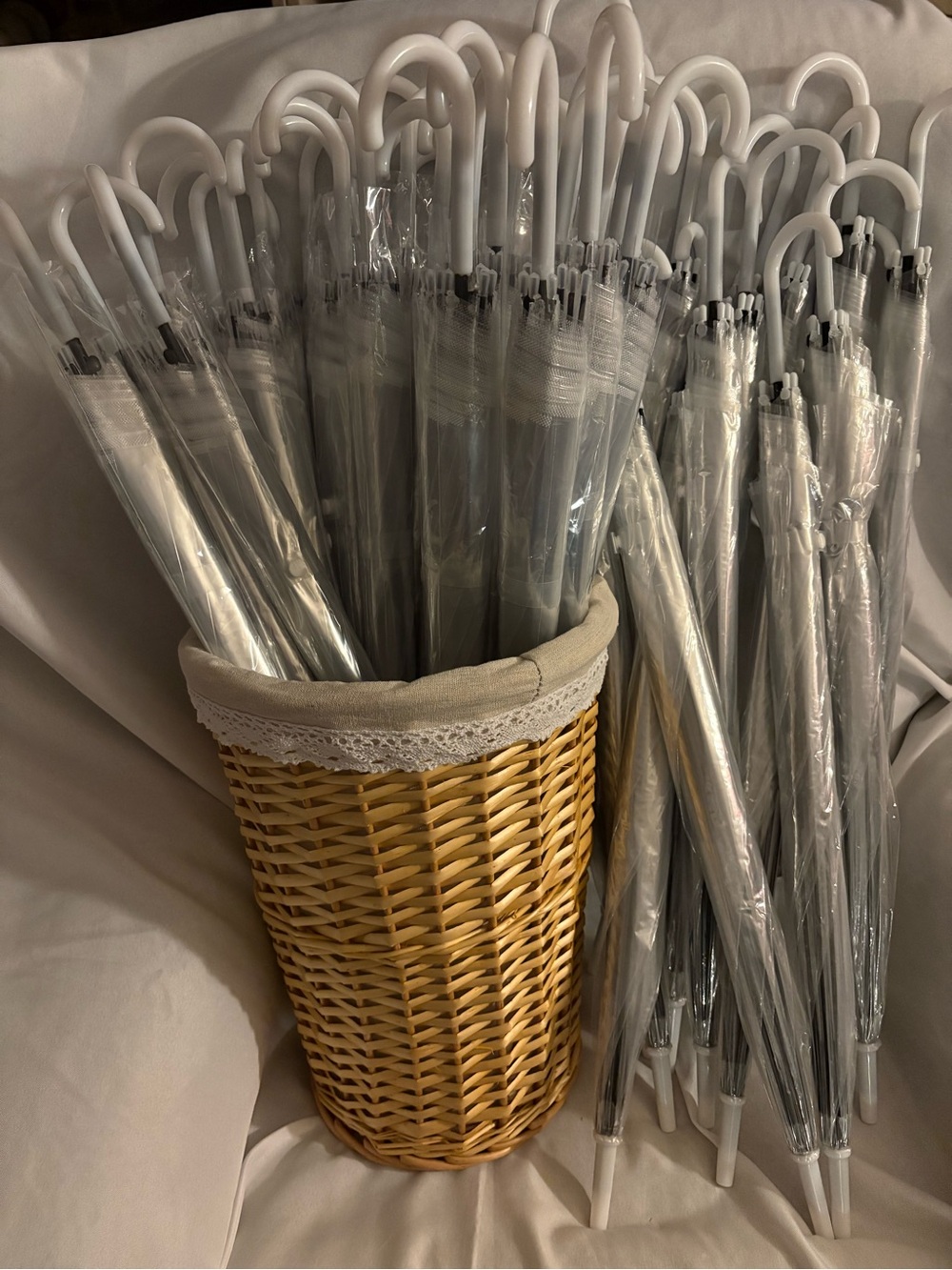 46 Clear Unused Wedding Event Umbrellas With Basket.